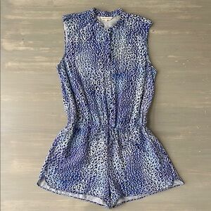 Rebecca Taylor Leo Fever Leopard Print Silk Shorts Romper Jumpsuit Purple Blue 6
